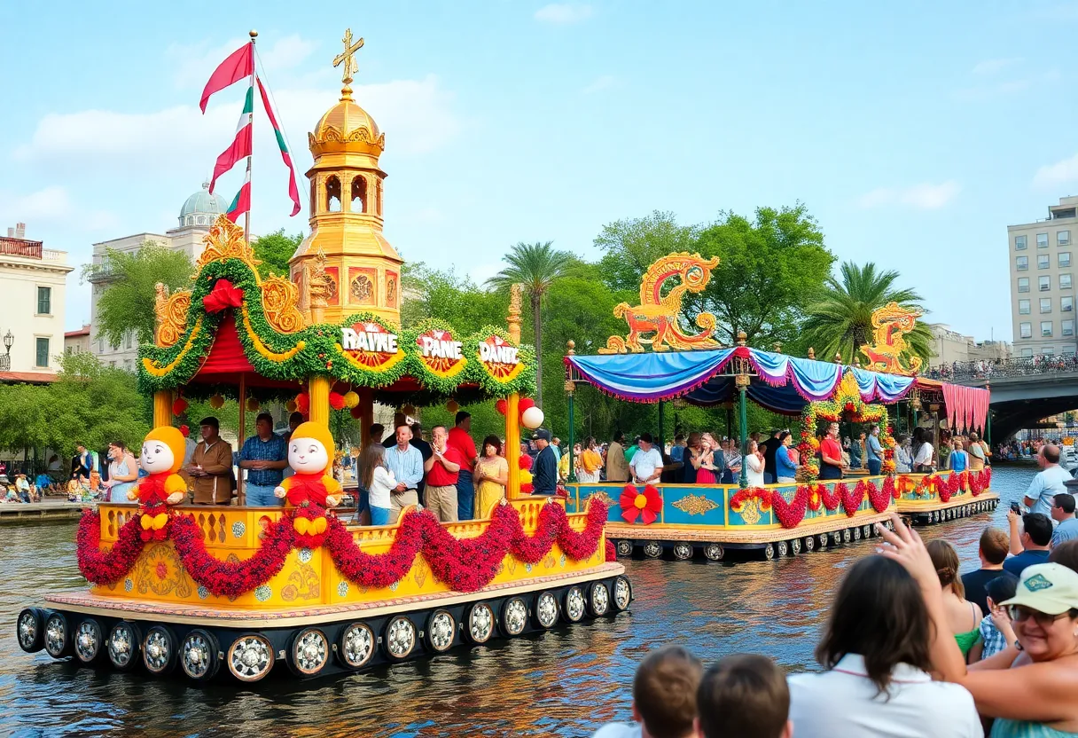 Colorful decorated barges on the San Antonio River Walk during a Thanksgiving parade