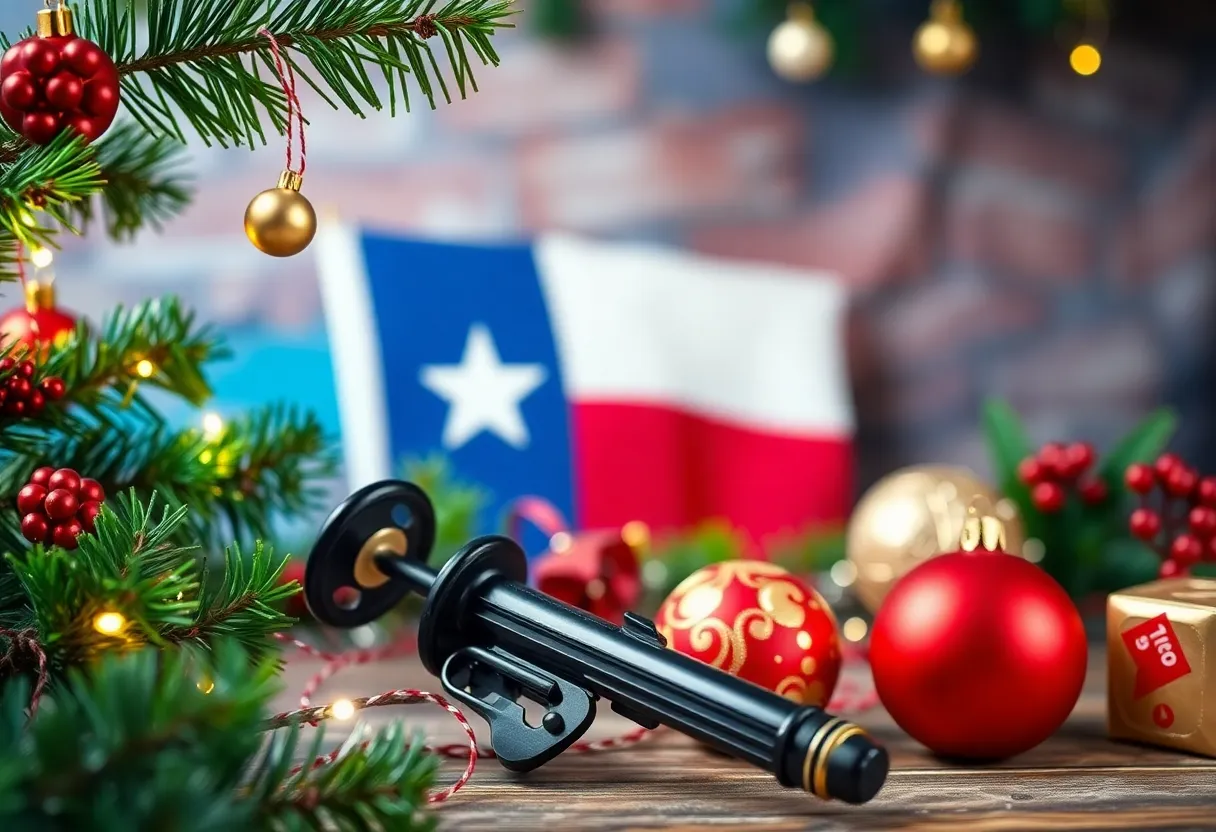A festive holiday scene with musical elements and decorations, symbolizing Texas holiday music.
