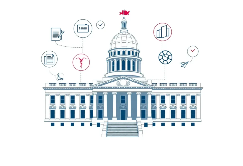 Image showing the Texas State Capitol building with icons representing legislation in business, education, and public health.