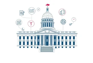Image showing the Texas State Capitol building with icons representing legislation in business, education, and public health.