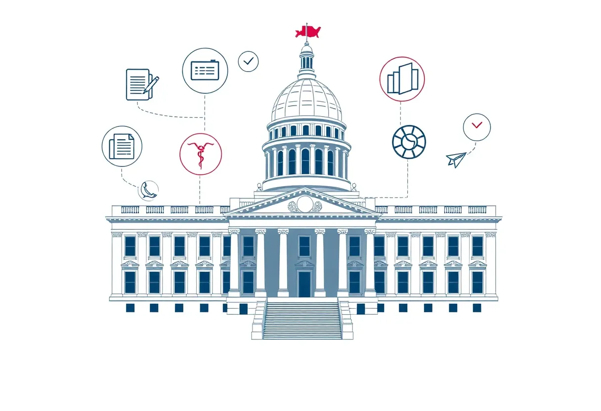 Image showing the Texas State Capitol building with icons representing legislation in business, education, and public health.