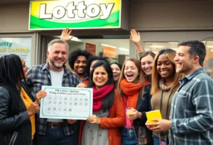 A group of people celebrating a Texas Lottery win outside a convenience store.