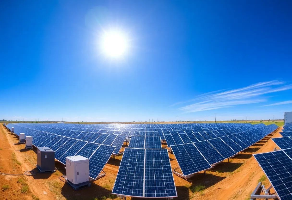Panoramic view of Texas solar energy projects with solar panels and battery storage.
