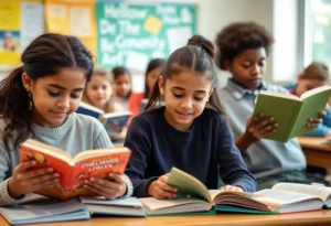 Students in a classroom reading books as part of a new state-mandated reading initiative.