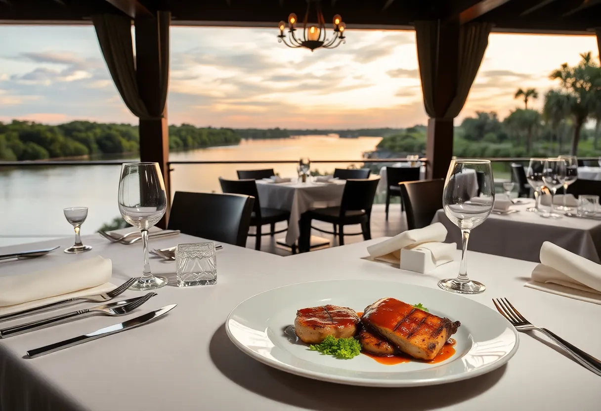 Dining setup at Texas Waterways Dinner featuring gourmet dishes and elegant decor.