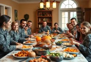 Families and airmen trainees enjoying Thanksgiving dinner during Operation Home Cooking