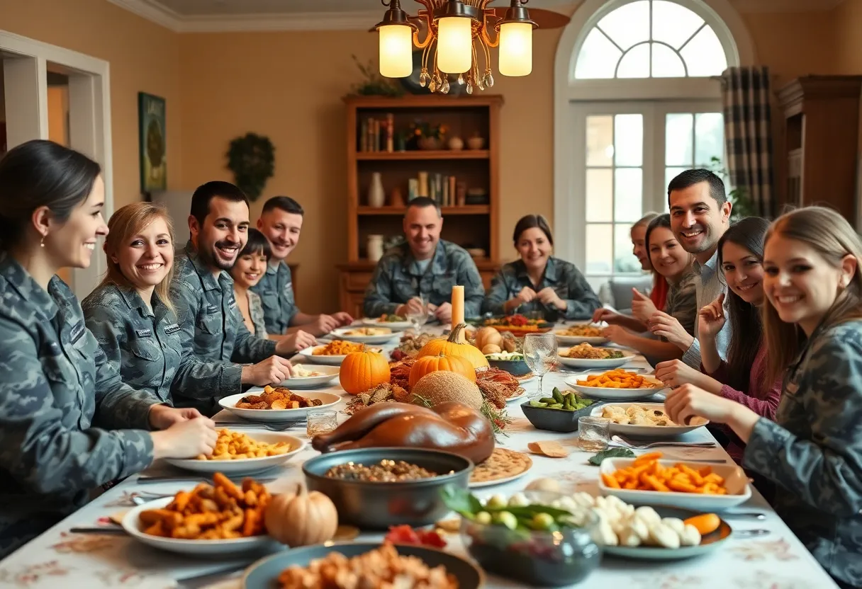 Families and airmen trainees enjoying Thanksgiving dinner during Operation Home Cooking