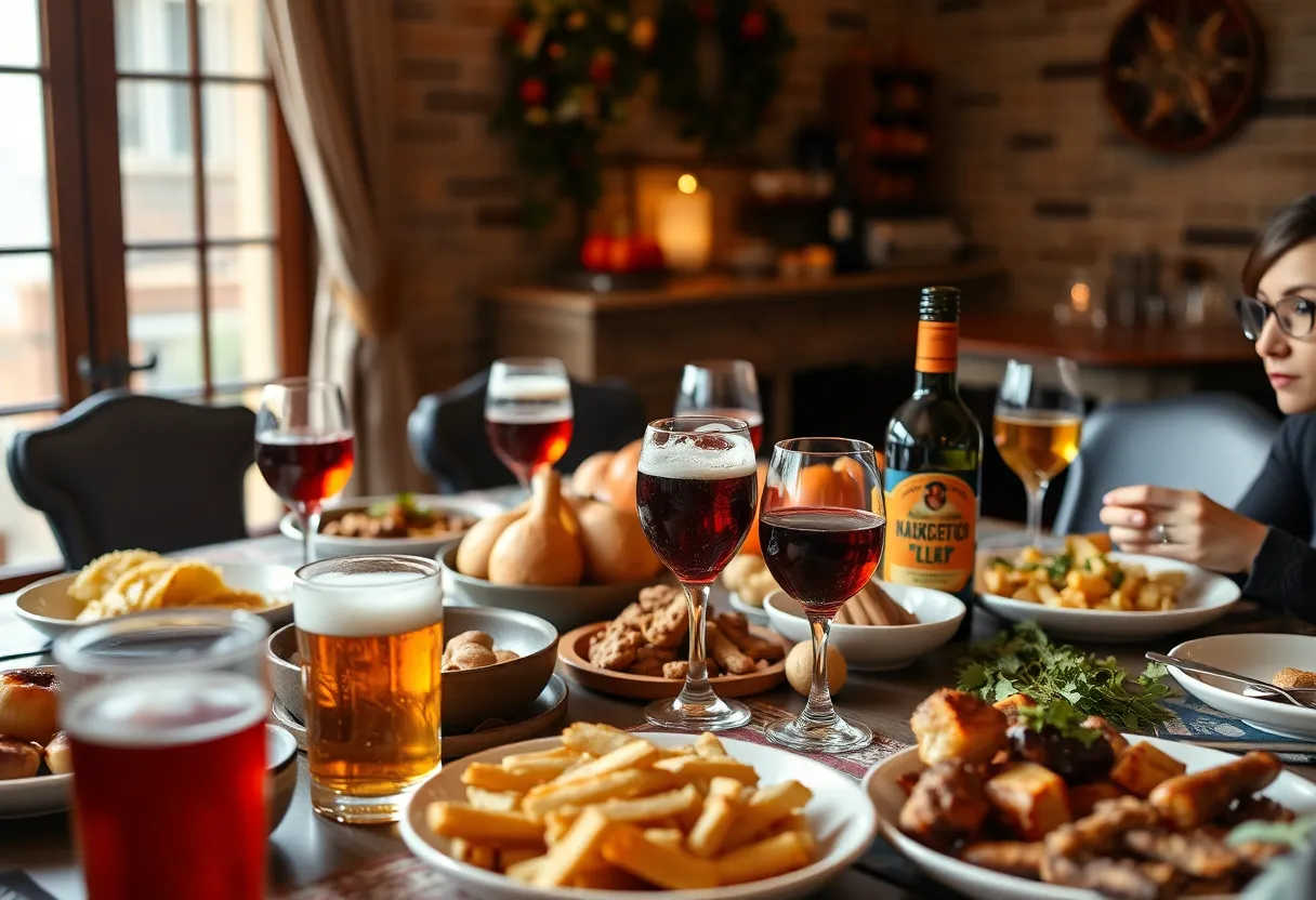 Festive Thanksgiving dinner table with food and drinks