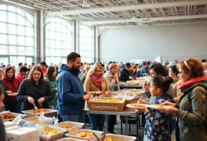 Volunteers serving Thanksgiving meals at community event