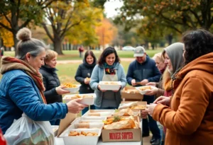 Volunteers serving Thanksgiving dinner to families in need
