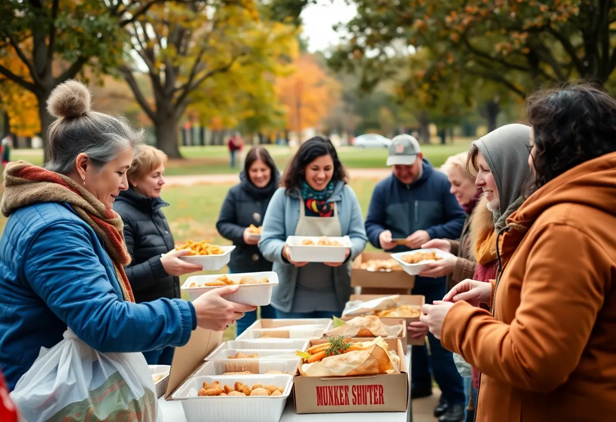 Volunteers serving Thanksgiving dinner to families in need