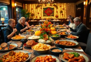 A beautifully arranged Thanksgiving dinner table at a local restaurant in San Antonio