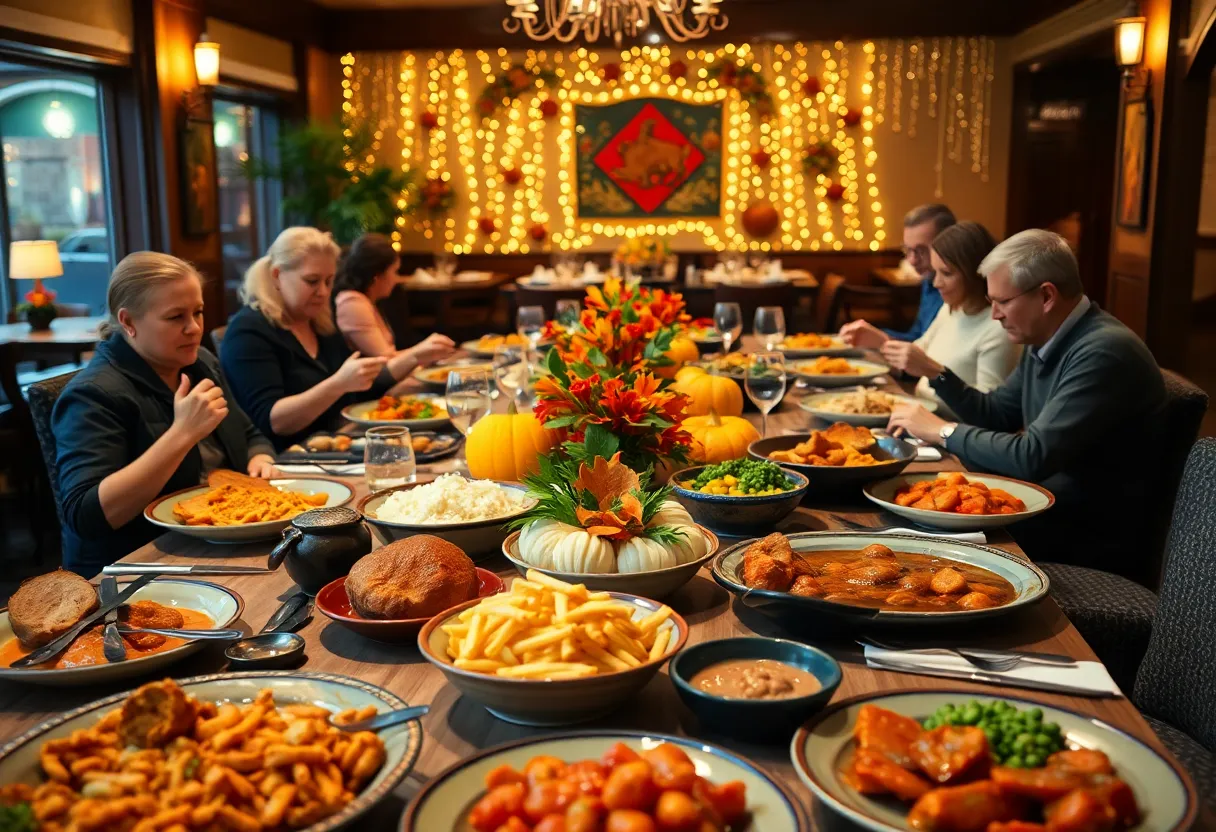 A beautifully arranged Thanksgiving dinner table at a local restaurant in San Antonio