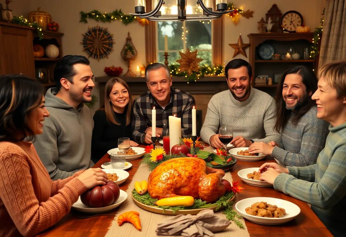 A family enjoying a Thanksgiving dinner together in a cozy setting.