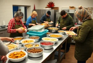 Volunteers preparing Thanksgiving meals