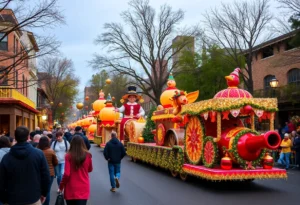 Thanksgiving parade with decorated floats in San Antonio