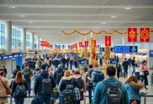 Busy airport terminal with travelers during Thanksgiving