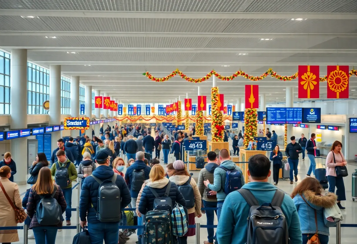 Busy airport terminal with travelers during Thanksgiving