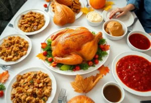 A beautifully arranged Thanksgiving dinner table with traditional foods.