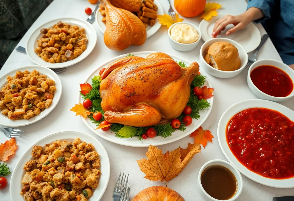 A beautifully arranged Thanksgiving dinner table with traditional foods.