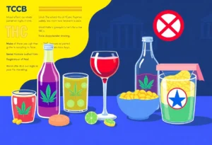 Illustration of THC-infused drinks and snacks with government regulations in the background.