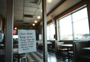 Closed TJ's Hamburgers with handwritten note on the door