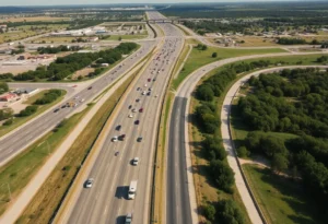 Aerial view of Texas highways showing heavy traffic on I-35 and alternative routes to Austin.