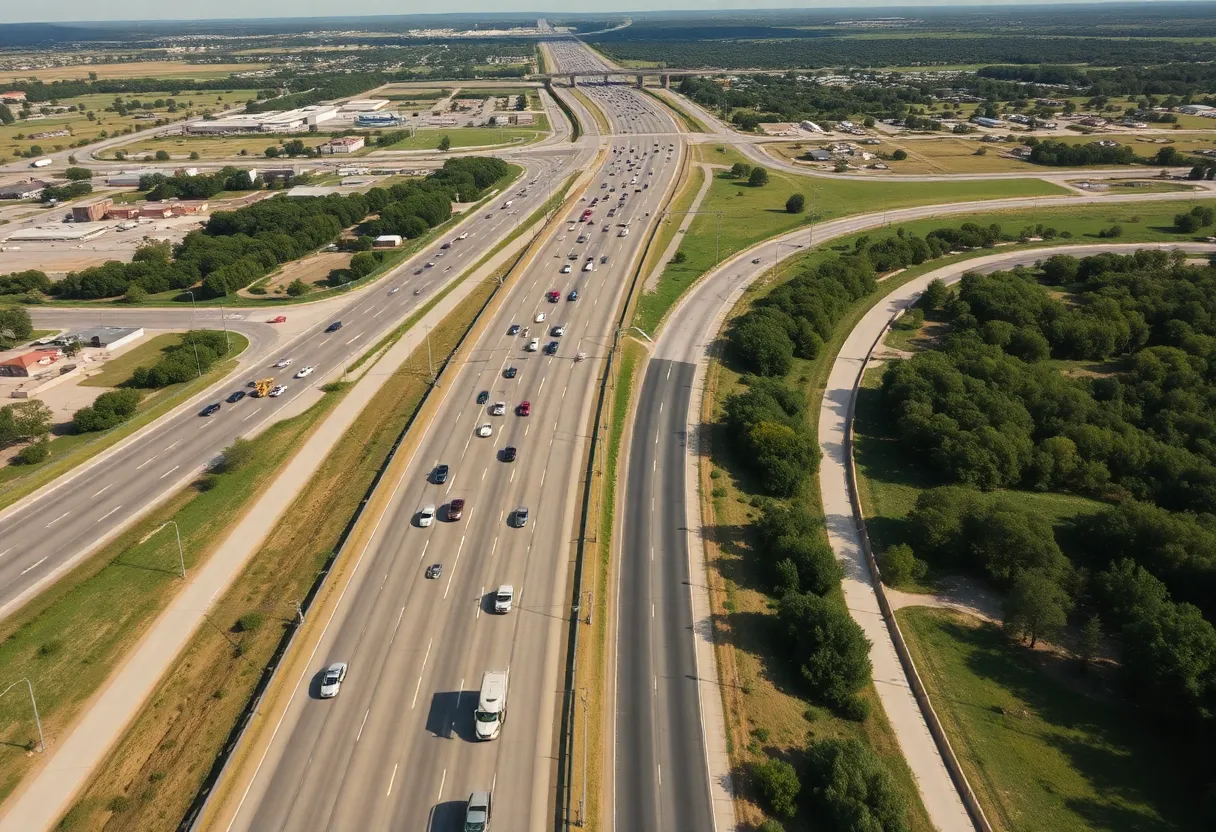 Aerial view of Texas highways showing heavy traffic on I-35 and alternative routes to Austin.