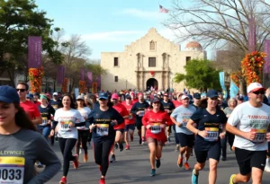 Participants running in the Turkey Trot San Antonio with festive banners