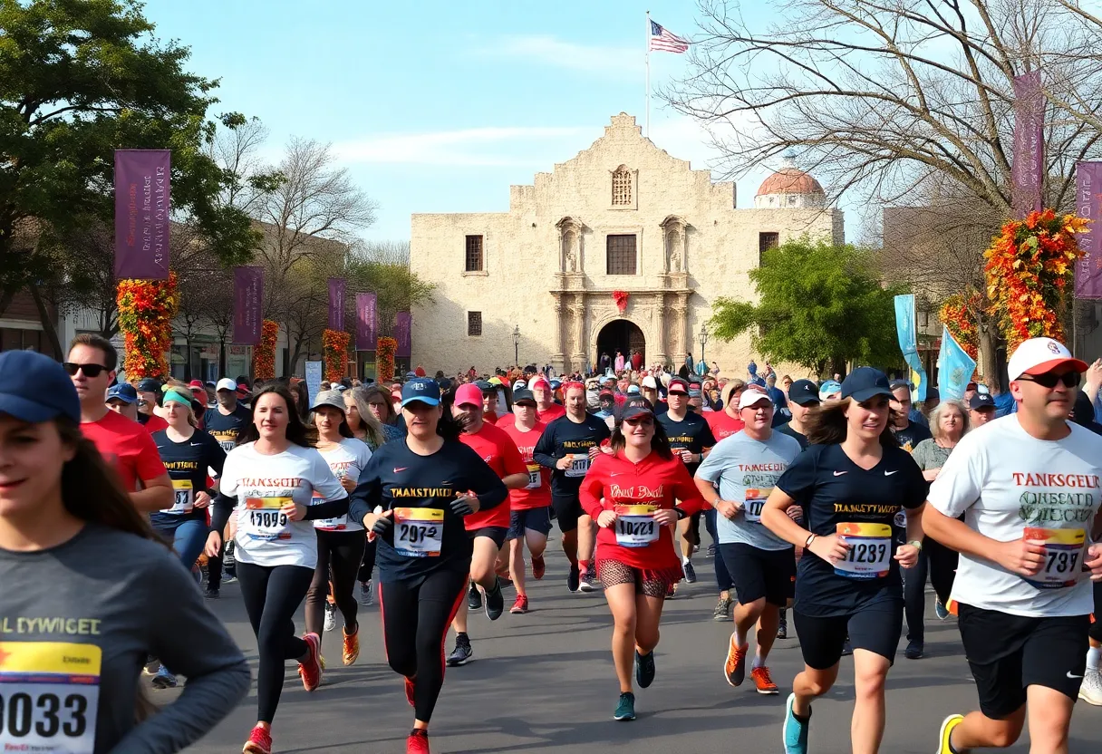 Participants running in the Turkey Trot San Antonio with festive banners