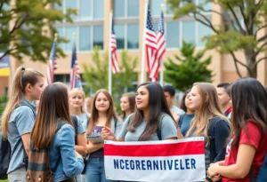 High school students discussing conservative values on campus with banners.