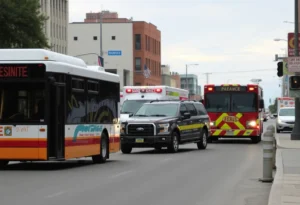 A scene showing a VIA Metropolitan Transit bus and a parked vehicle involved in a collision in San Antonio.