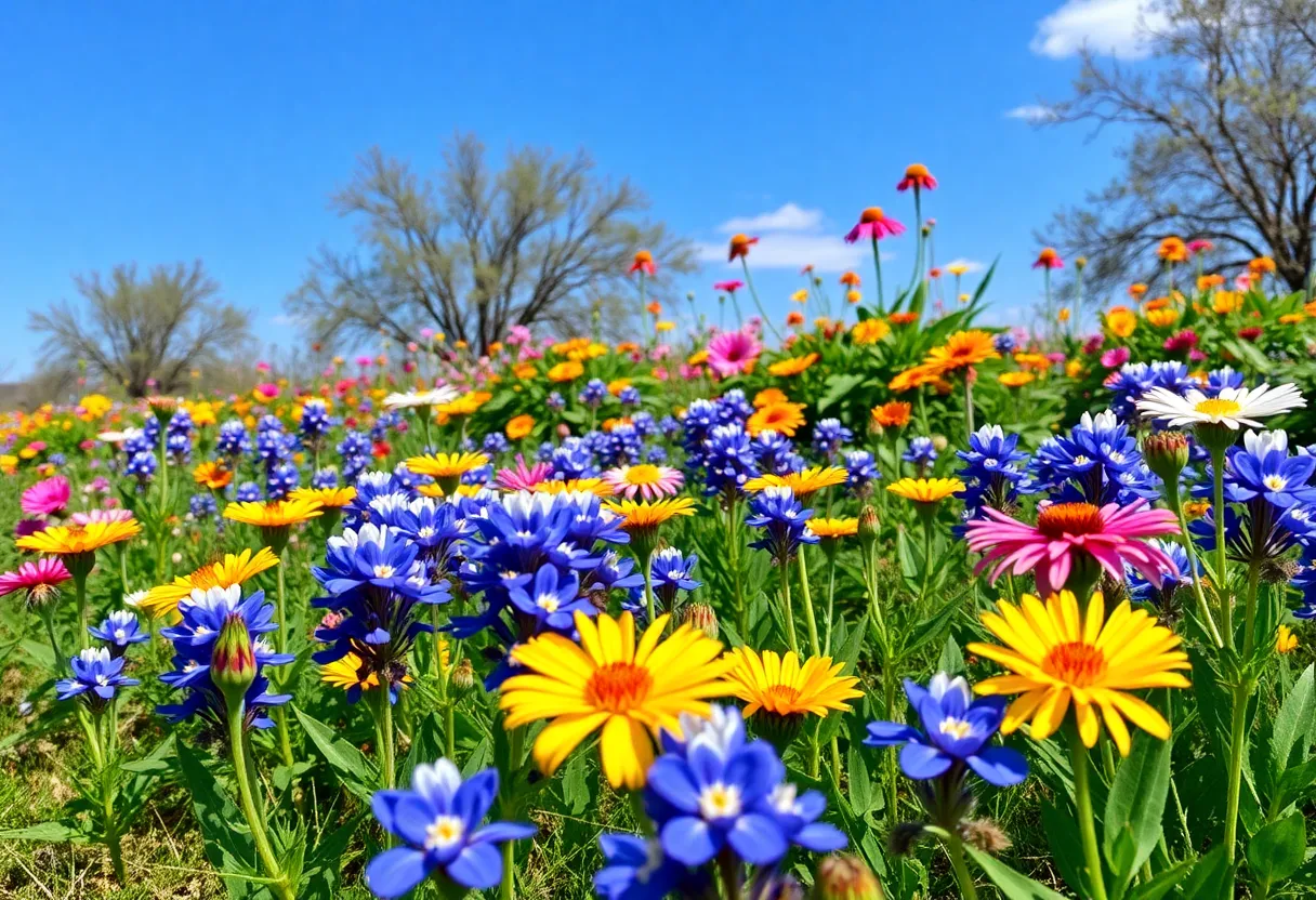 A garden showcasing diverse wildflowers blooming in San Antonio.