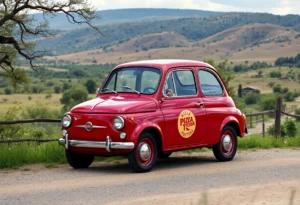 A vintage Fiat delivering pizza at Pizza Volterra in Boerne, Texas.