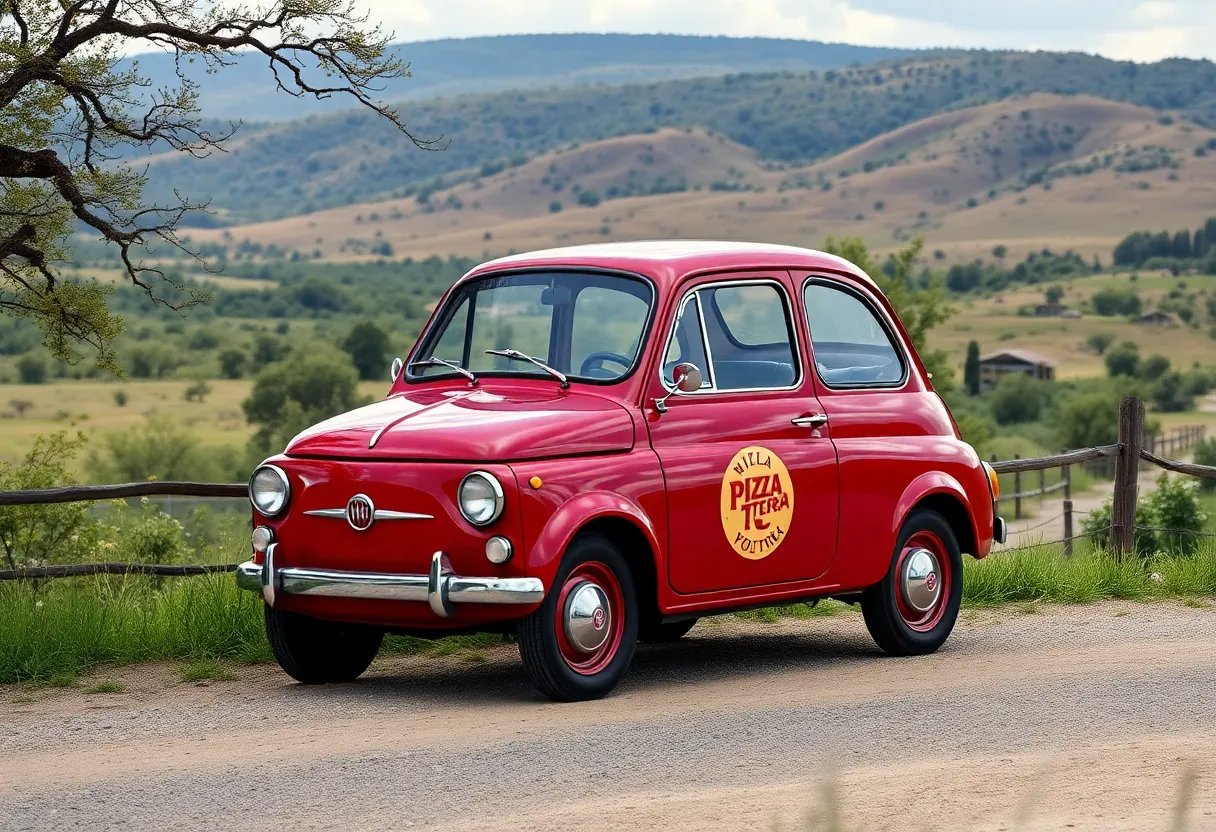 A vintage Fiat delivering pizza at Pizza Volterra in Boerne, Texas.