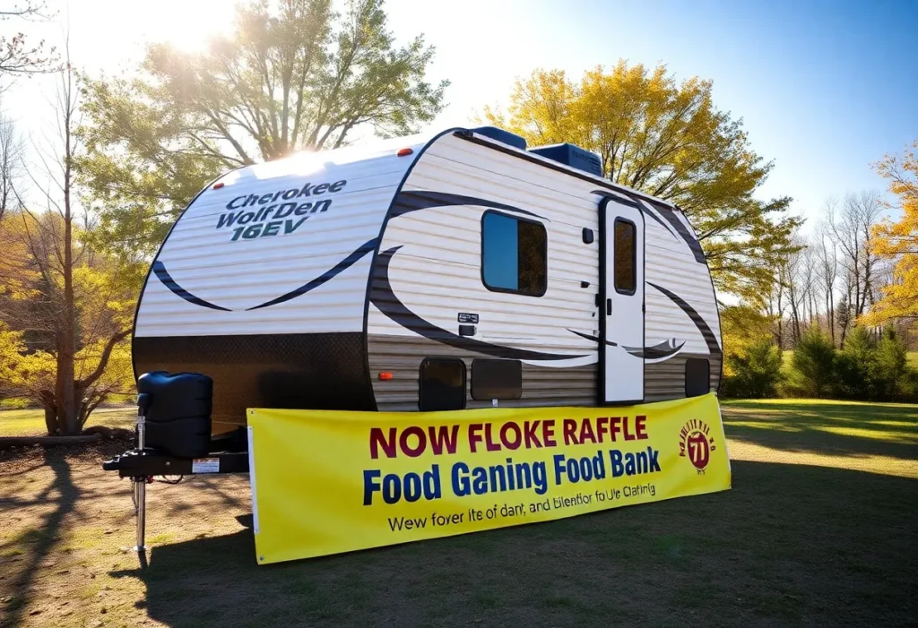 Picture of a 2025 Forest River Cherokee Wolf Den RV in nature for a charity raffle