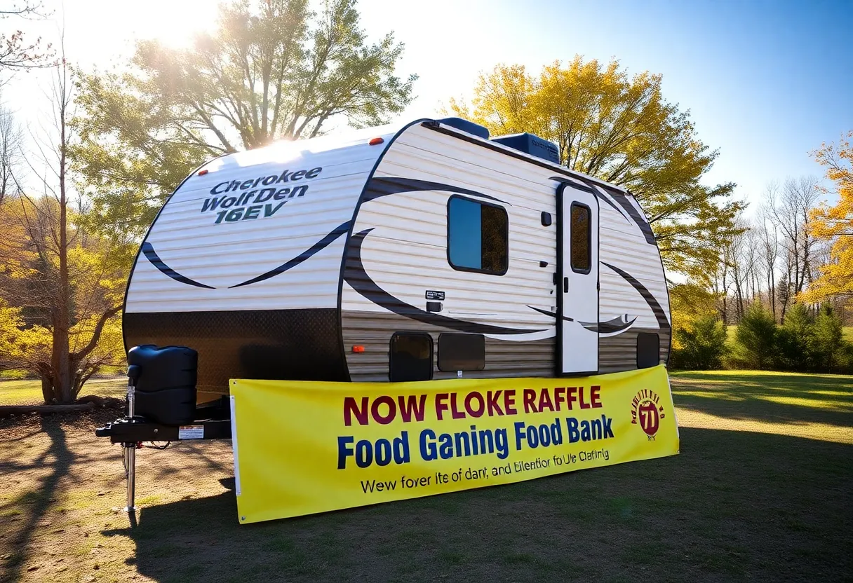 Picture of a 2025 Forest River Cherokee Wolf Den RV in nature for a charity raffle