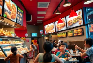 Interior of 6ixty Wings restaurant in San Antonio showcasing diverse menu offerings