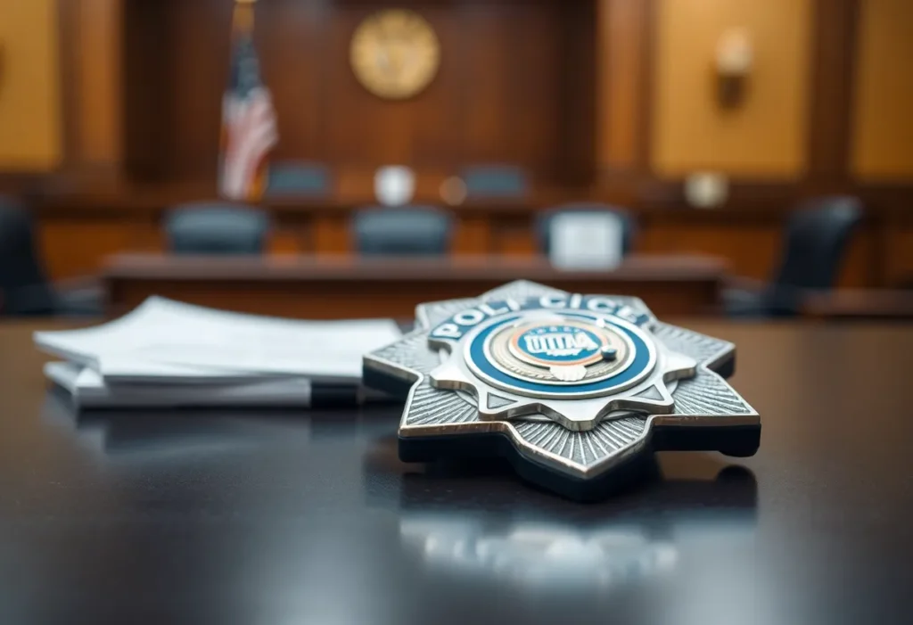 A police badge on a desk symbolizing law enforcement accountability.