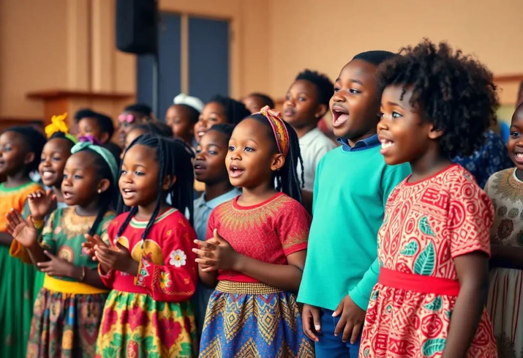 Children from the African Children's Choir performing in a church setting