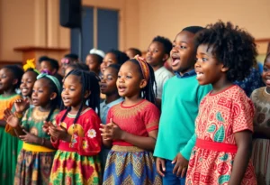Children from the African Children's Choir performing in a church setting