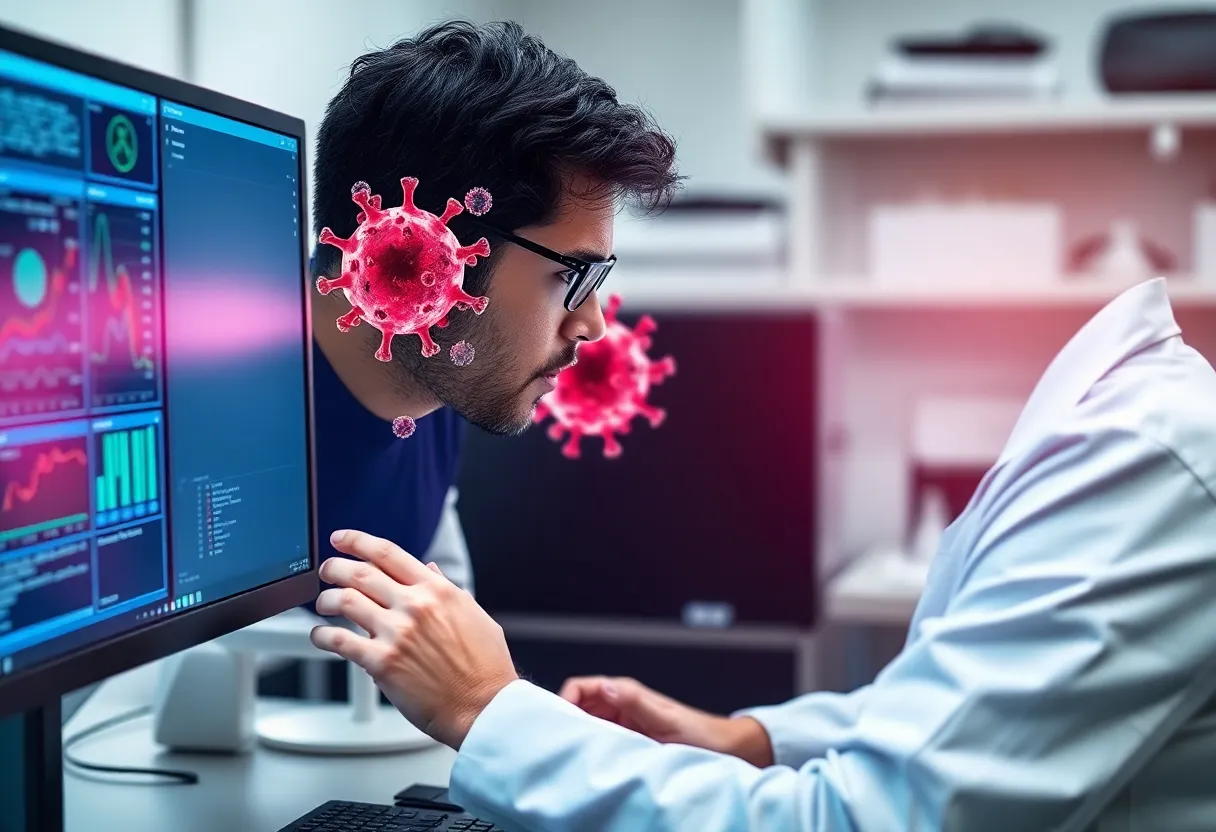 A researcher using AI technology in a laboratory to study viruses.