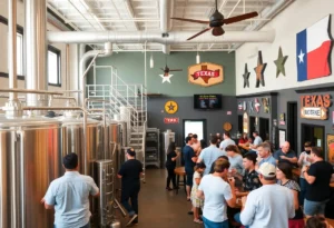 Modern taproom of Alamo Beer Co with patrons enjoying craft beer.