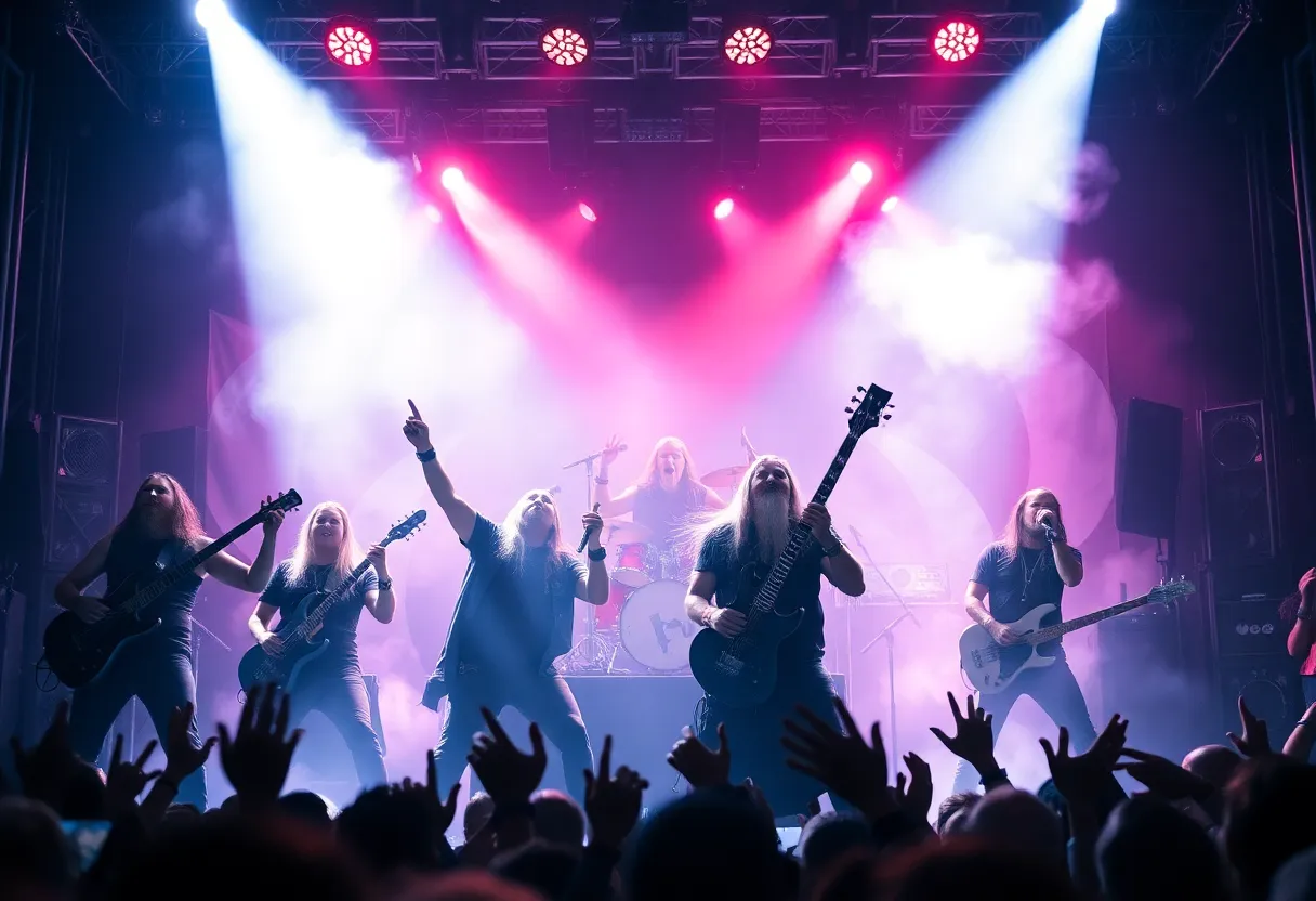 A lively metal concert scene featuring and combining Viking themes with animated characters.