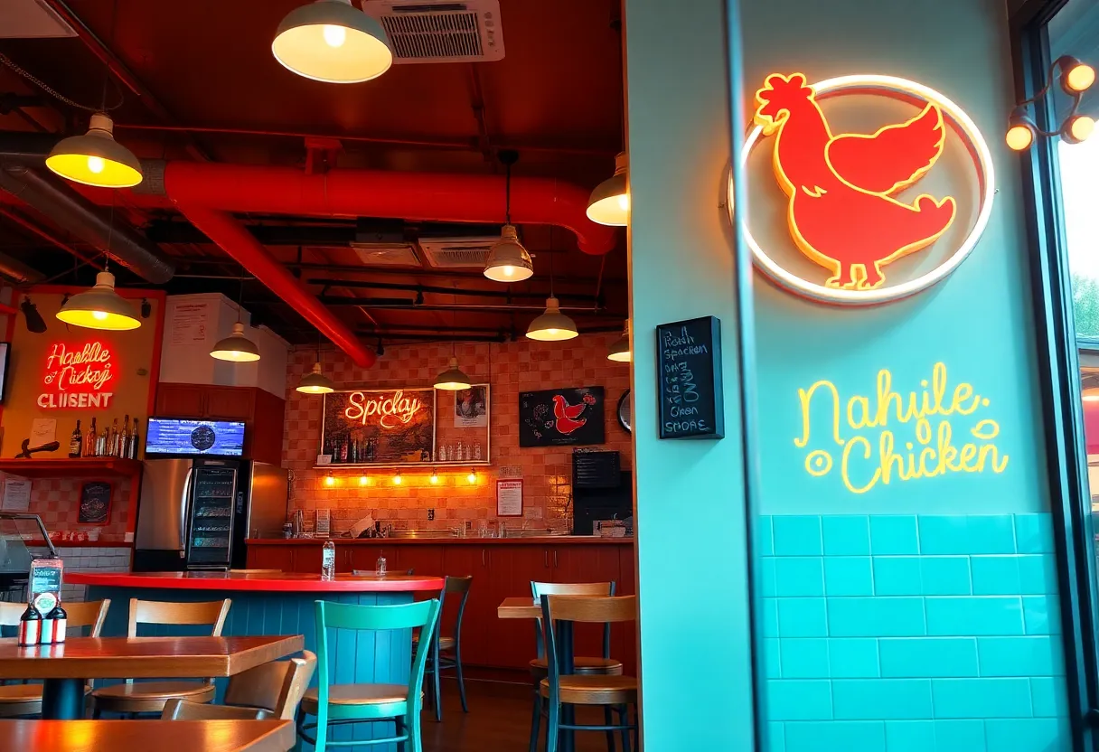 Interior of Angry Chickz restaurant with spicy chicken dishes