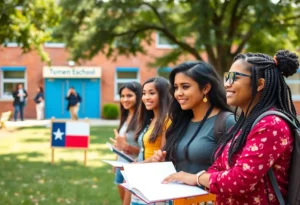 A group of diverse young women in a school setting, representing empowerment and education in Texas.
