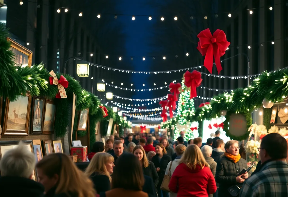 A festive scene at the Armadillo Christmas Bazaar with art displays and a musical performance.