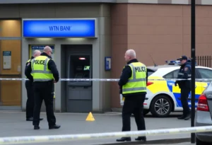 Police securing a bank ATM after a bombing incident in San Antonio