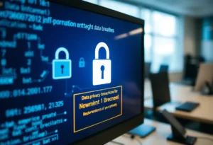 Computer screen displaying data privacy warnings and encryption symbols.