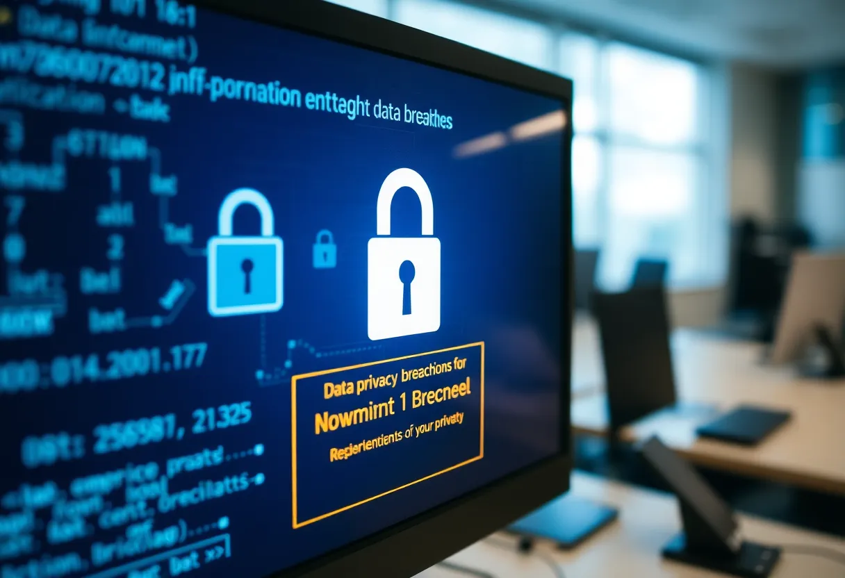 Computer screen displaying data privacy warnings and encryption symbols.
